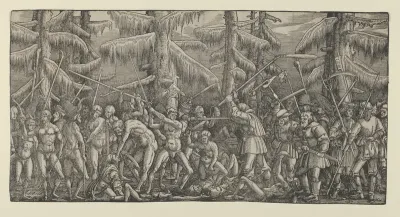 Battle Between Peasants and Naked Men in a Forest