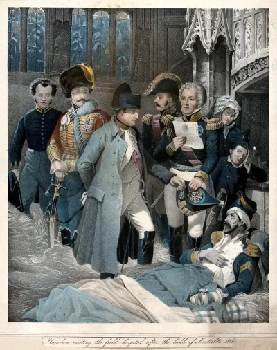 Battle of Austerlitz: Napoleon visiting wounded soldiers in a church used as a field hospital after the battle