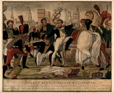 Battle of Ratisbon: Napoleon, shot in the ankle, mounts his horse to join battle before the dressing of the wound is finished
