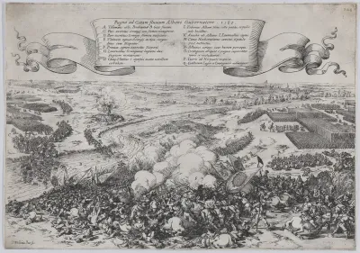 Battle scene: forces led by William of Orange crossing the Gete River to attack the Duke of Alba's army, from 'De Bello Belgico'