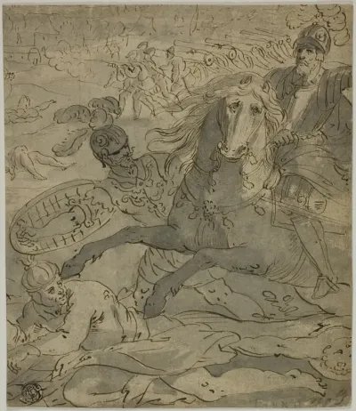Battle Scene with Charging General on Horseback in Foreground, Artillery and Cannons in Background
