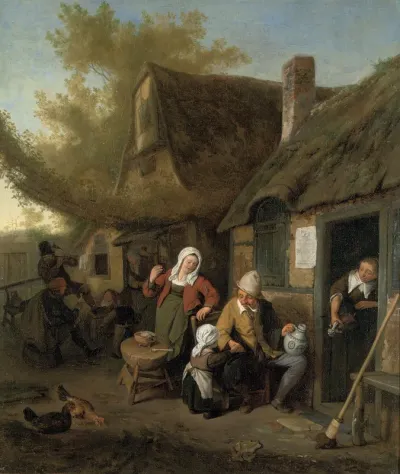 Bauernfamilie vor einem Haus.