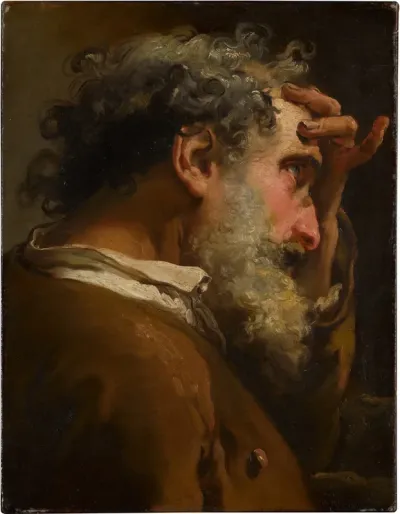 Bearded man, bust-length in profile, wearing a brown coat