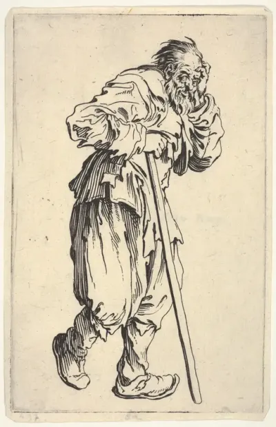 Bearded man, dressed in rags, holding his head with one hand and a walking stick with the other, from "The Beggars" (Les Gueux)