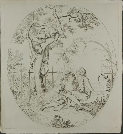 Bearded Man Spying on Lovers Under an Arbor