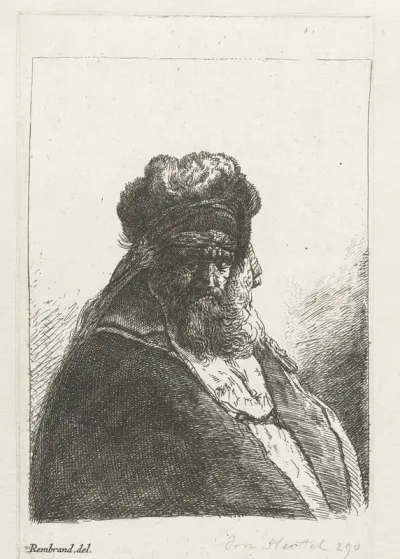 Bearded old man in a high fur cap, with eyes closed