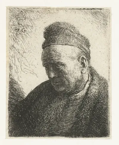 Beardless man in a fur cloak and cap: bust