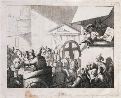 Beatrice Cenci and her stepmother are being driven away in a cart to be executed; on the right, Guido Reni is sketching a portrait of Beatrice
