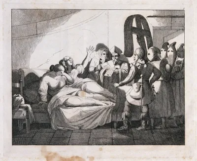 Beatrice Cenci and her stepmother, in bed in prison in Rome, hear their mandate of execution being read by a Papal envoy accompanied by members of a confraternity of Saint John the Baptist