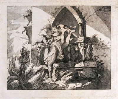 Beatrice Cenci and her stepmother Lucrezia are throwing the body of the Count over the balcony