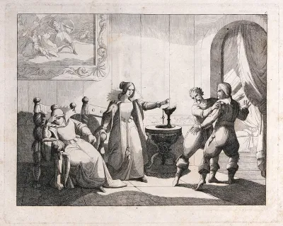 Beatrice Cenci and her stepmother Lucrezia incite Olimpio Calvetti and Marzio da Fiorani to kill Count Francesco Cenci, who is sleeping in the next room