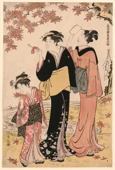Beauties Under a Maple Tree, from the series "A Collection of Contemporary Beauties of the Pleasure Quarters (Tosei yuri bijin awase)"