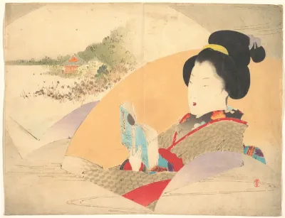Beauty Looking at Shinobazu Pond", illustration from Bugei Kurabu (Literary Club)