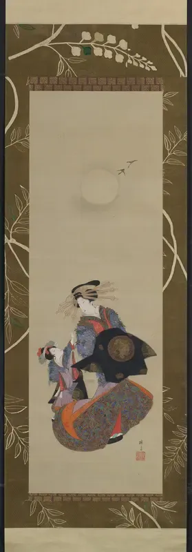 Beauty of the Yoshiwara with Apprentice in Moonlight