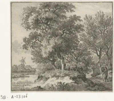 Bebost landschap met wandelaar