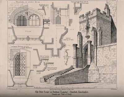 Bede House [or Brother's Hospital], Stamford, Lincolnshire: design drawings of the porch with key