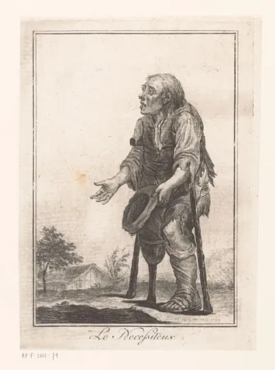 Bedelaar met krukken en een houten been in een landschap