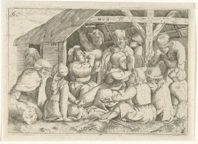 Bedelaars bij een maaltijd in een hut