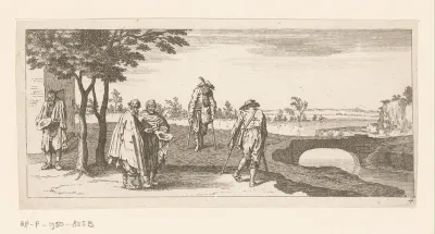 Bedelaars en figuren met krukken bij een brug