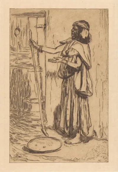Bedelende figuur met wandelstaf, mogelijk in Marokko