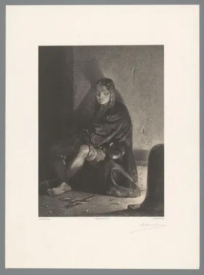 Bedelende violiste zittend tegen een muur
