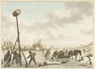 Bedrijvigheid op het ijs bij de stadswal van Veere