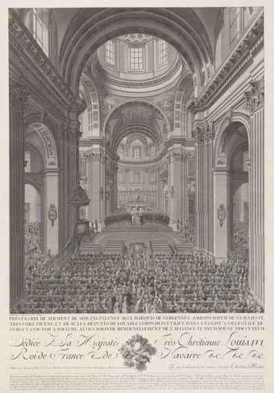 Beëdiging van ambassadeur Jean Gravier, markies van Vergennes, 25 augustus 1777