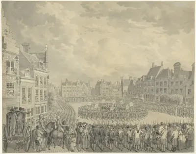 Beëdiging van het College van Gecommitteerden door de schutter-officieren op de Neude te Utrecht, 1786