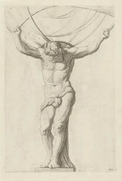 Beeld van Atlas op de achtergevel van het Stadhuis op de Dam