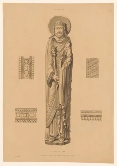 Beeld van Clovis I, koning van de Franken en architecturale ornamenten