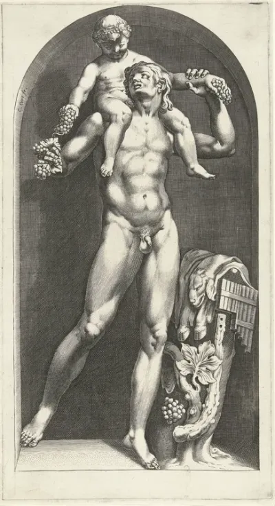 Beeld van een faun met Bacchus op zijn schouders