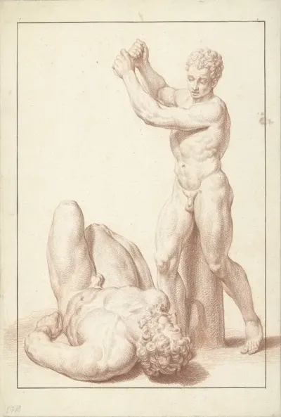 Beeld van een jongen met opgeheven armen bij een liggende man met baard