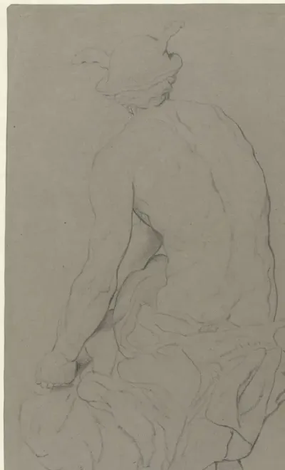 Beeld van een zittende, sandalen bindende Mercurius