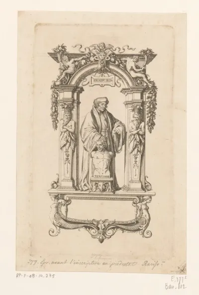 Beeld van Erasmus in architecturale omlijsting