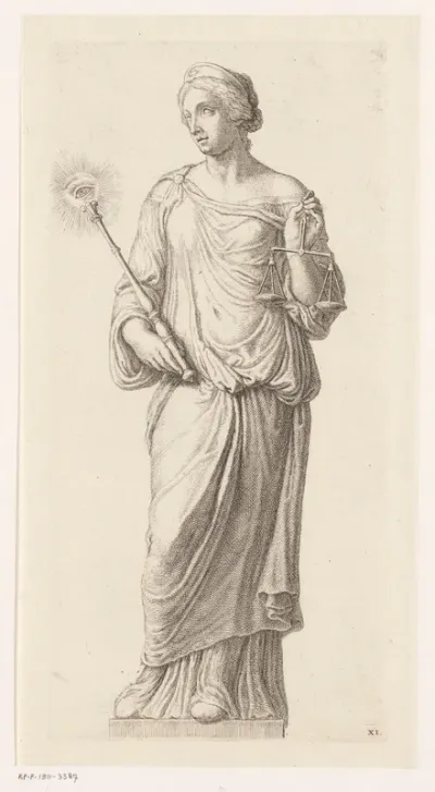 Beeld van Justitia (Gerechtigheid) op de voorgevel van het Stadhuis op de Dam