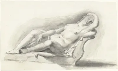 Beeld van naakte vrouw, liggend op een bankkussen
