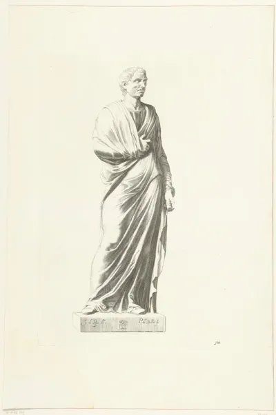 Beeld van staande man in toga met schriftrol