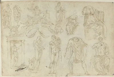 Beelden, een tekening en een fresco