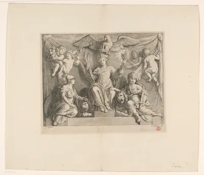 Beeldengroep met allegorie op de Kracht van Amsterdam aan de oostzijde van de Burgerzaal in het Stadhuis op de Dam