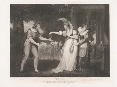 Before the Duke's Palace–Rosalind, Celia, Orlando, the Duke & Attendants (Shakespeare, As You Like It, Act 1, Scene 2)