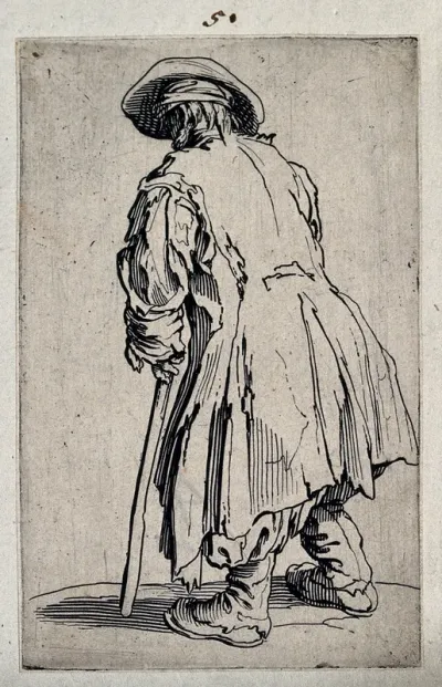 Beggar with one crutch, seen from behind