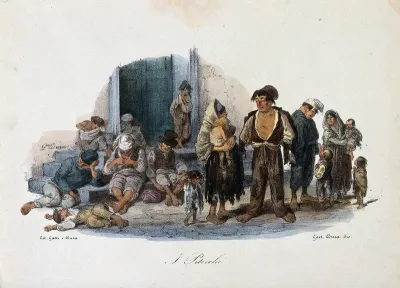 Beggars outside a building; many scratch their heads and bodies having been bitten by fleas
