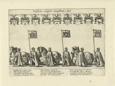 Begrafenisstoet met paarden en vaandeldragers