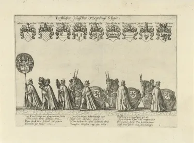 Begrafenisstoet met rouwpaarden en dragers van helm en schild