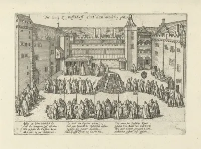 Begrafenisstoet op de binnenplaats van de burg te Düsseldorf