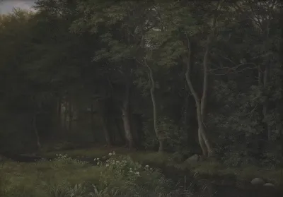 Begyndende aftenskumring i en skov. Motiv fra Iselingen