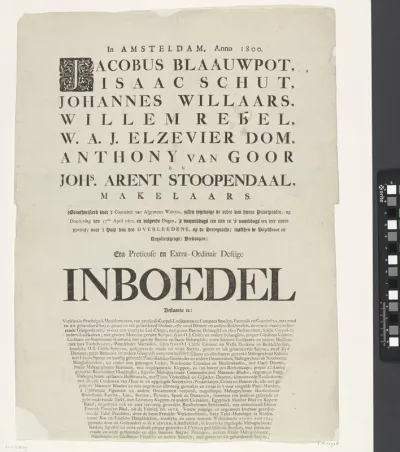 Bekendmaking van de veiling van een inboedel, 1800