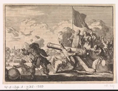 Beleg van Groningen waarbij een kanon door een zestal monniken wordt gezegend, 1672