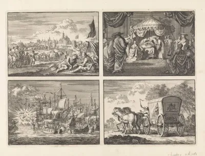 Belegering van een stad / Sterfbed van paus Alexander VII, 1667 / Strijd van vijf Zeeuwse kapers tegen acht Portugese oorlogsschepen voor de kust van Brazilië, 1657 / De in Den Haag door Johan Diederik de Mortaigne geschaakte Catharina van Orliens wo