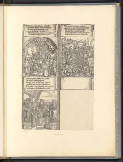 Belehnung Massimiliano Sforzas mit Mailand 1512, Venezianischer Krieg 1508-1510, Wiener Doppelhochzeit 1515 (Die Ehrenpforte Kaiser Maximilians I., Historiendarstellungen, C' 2.8, 9, 11)